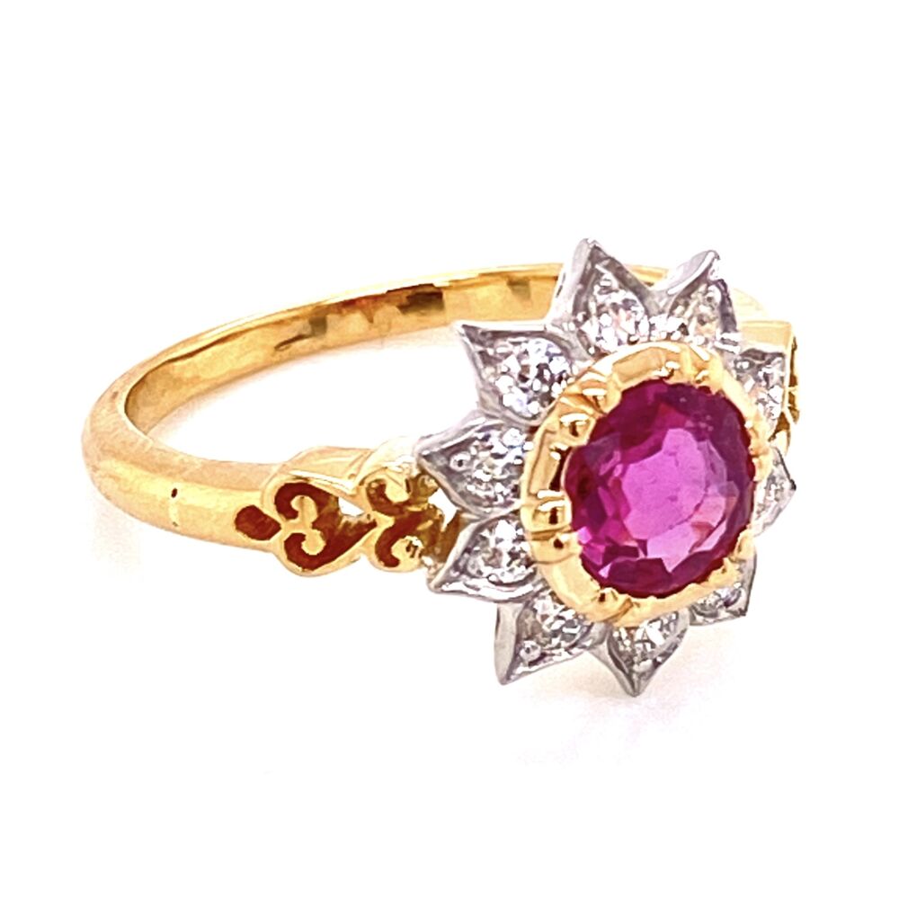 This Platinum topped 18K Yellow Gold Ring has a floral motif of 10 diamond petals, .38tcw, surrounding a centered red natural 1.00ct ruby. It is a different design that is made very well as the images portrait - super nice quality. Don't miss out on this beautiful classic ring! 18K YG & Platinum 1ct Ruby & .38tcw Diamond Ring, s7