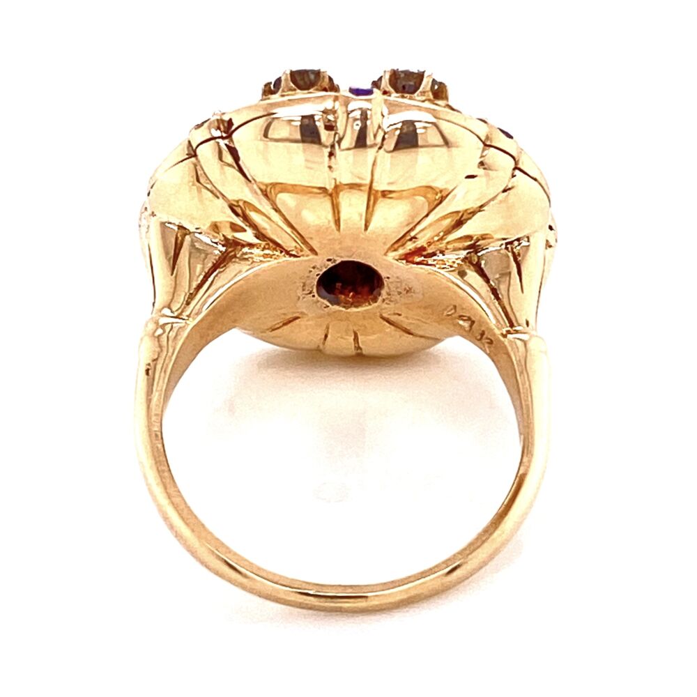 We love the monotone look of blue sapphire and blue enamel. This Victorian revival ring from the 1950's has the monotone look with a center 1.65ct antique cushion surrounded by 8 round brilliant diamonds weighing approx. .96tcw & blue stripes of enamel 14K YG Victorian Revival Sapphire, Diamond & Enamel Ring, s6.5