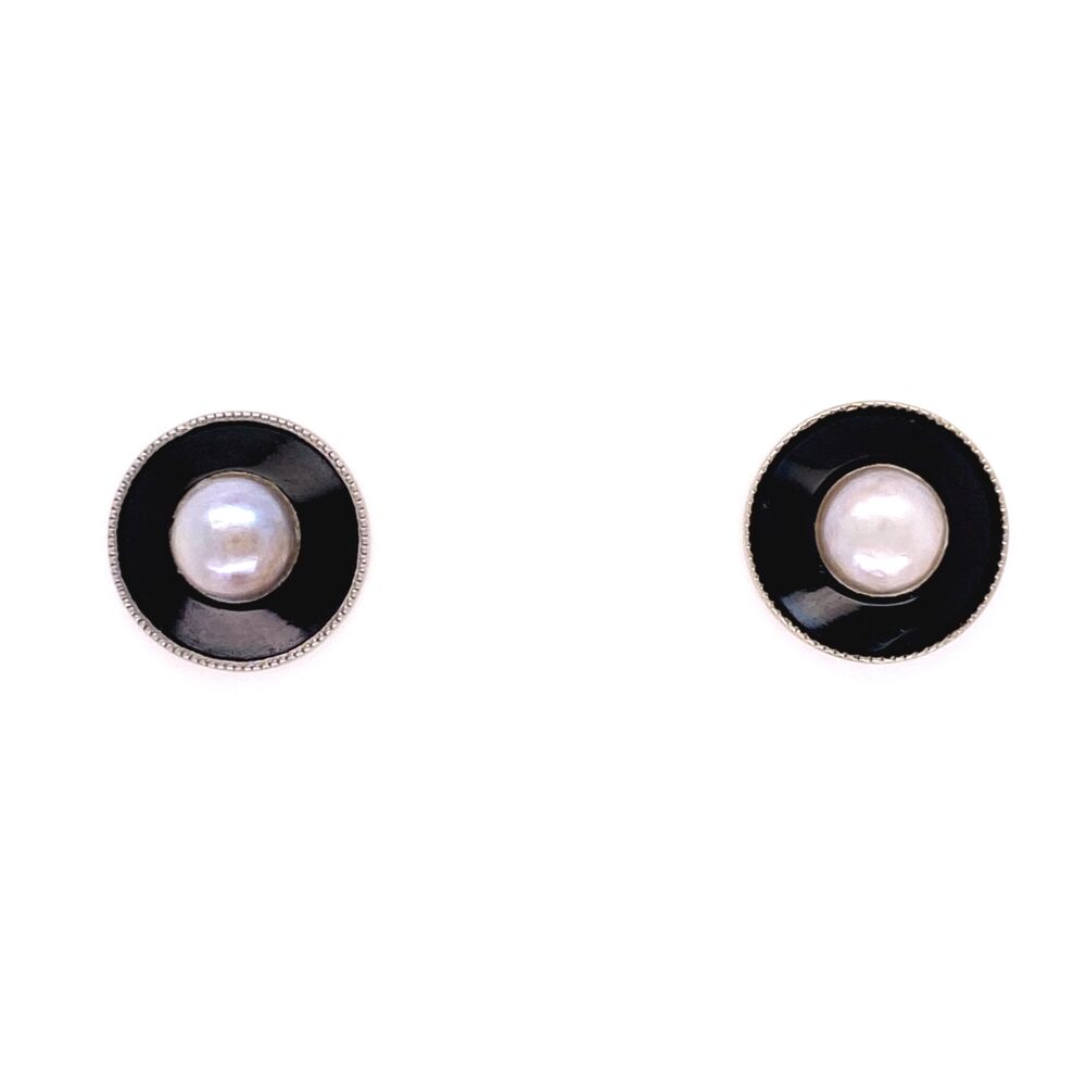 Image 2 for Platinum on Gold Edwardian Pearl Black Enamel Earrings, 2.6g