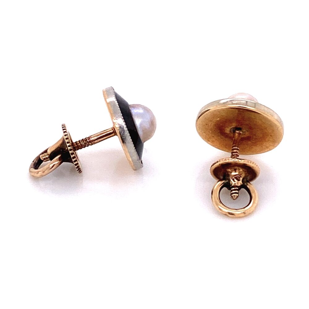 Classic Platinum on 14K Yellow Gold is classic Edwardian and these earrings a great example. 3mm pearls and black enamel in a 10.2mm package. Screwback posts with a cap nut. Platinum on Gold Edwardian Pearl Black Enamel Earrings, 2.6g