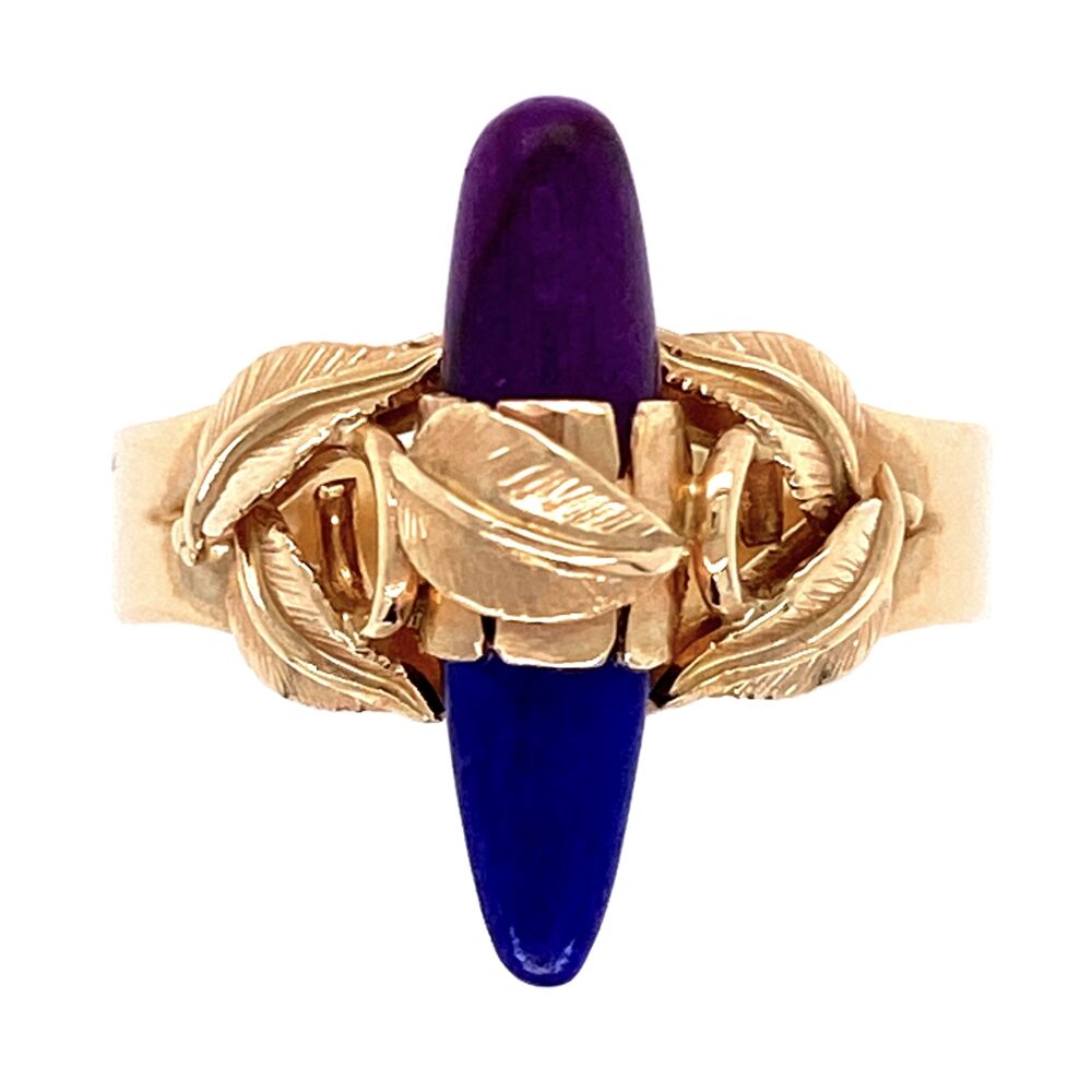 Super cool ring with purple and blue. It could be native american, but we love the sugilite and lapis! 14K Yellow Gold Ring with Leaves over Lapis & Sugilite 3.4g, s5.75