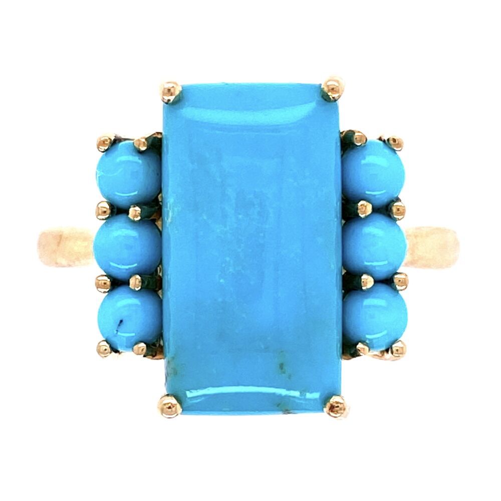 Natural Blue Green Turquoise, one large square flanked by three undrilled balls on either side, 2.5tcw 10K Yellow Gold Natural Turquoise Ring 3.9g, s8