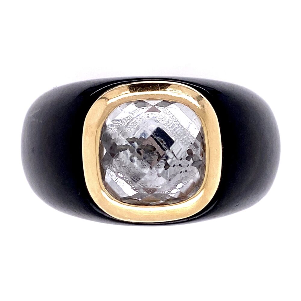 Super Cool Black resin ring with checkerboard clear quartz and yellow gold bezel. The ring is size 12 and is not sizable, but you could put and insert inside to make it smaller! 14K Yellow Gold Black Resin with Checkerboard Quartz 12.2, s10