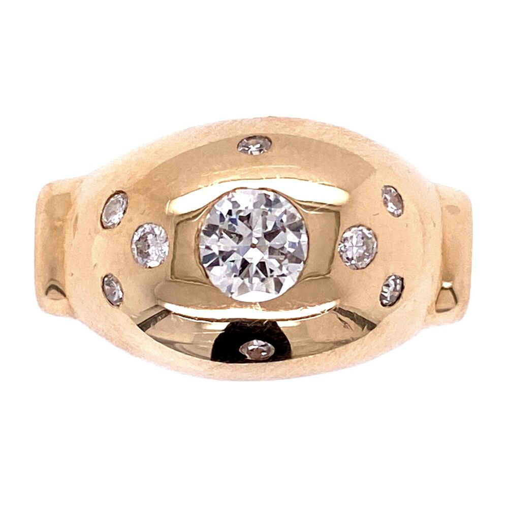 This ring looks to be a marriage of diamond likely from a 1900's ring that were used to remake a new ring, c1970. 14K YG Diamond Dome Ring with .50ct Old Euro Diamond, 5.6g, s10.75