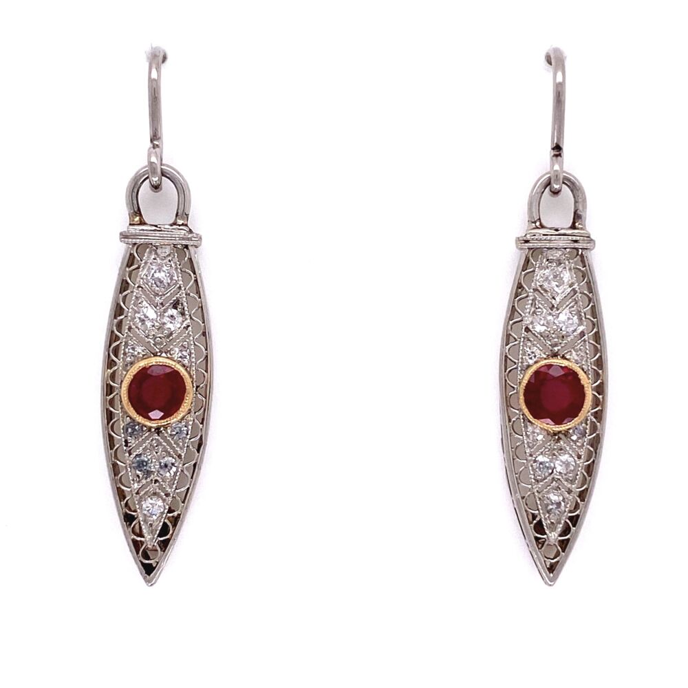 Image 2 for Platinum Art Deco Long Dangling Earrings on Wire with Ruby & Diamonds 5.0g