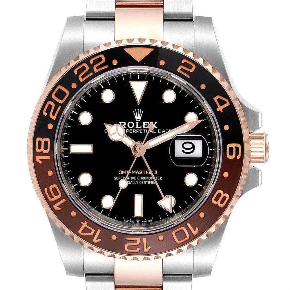 Rolex model 126711, known as the Rootbeer(for the colors) in 40mm. Officially certified chronometer self-winding movement. Stainless steel and 18K rose gold case 40.0 mm in diameter. Rolex logo on a crown. 18K everose gold bidirectional rotating brown and black cerachrom bezel. Scratch resistant sapphire crystal. Black dial with rose gold outlined white luminescent hour markers and Mercedes hands. Date window at 3 o'clock aperture. Stainless steel and 18K rose gold oyster bracelet with flip lock clasp. <div><br></div><div>It is Brand New Complete Rolex with Box, Card & Booklets. Please confirm PRICE AND availability BEFORE purchase! The Prices can change very quickly, so we cannot guarantee price or availability for every watch unless we email you confirmation! We can usually order these watches for delivery within a few days. We are not affiliated with ROLEX in any way, but just have years of contacts in the luxury goods and fine jewelry industry to acquire legit merchandise at value prices.It is Brand New Complete Rolex with Box, Card & Booklets. Please confirm PRICE AND availability BEFORE purchase! The Prices can change very quickly, so we cannot guarantee price or availability for every watch unless we email you confirmation! We can usually order these watches for delivery within a few days. We are not affiliated with ROLEX in any way, but just have years of contacts in the luxury goods and fine jewelry industry to acquire legit merchandise at value prices.</div> Rolex GMT Master II ROOTBEER Steel Everose Gold Mens Watch