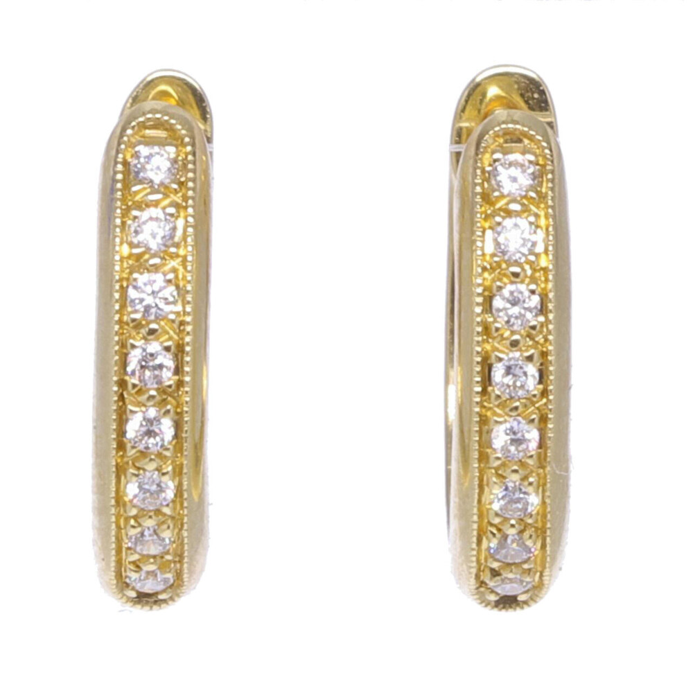 Hang your earring charms + frames on these huggie hoops. They hug your ears to make your earring charms stand out! These solid 14k yellow gold 1.55g hoops have sixteen diamonds 0.08 tcw. Yellow Gold Huggie Earrings