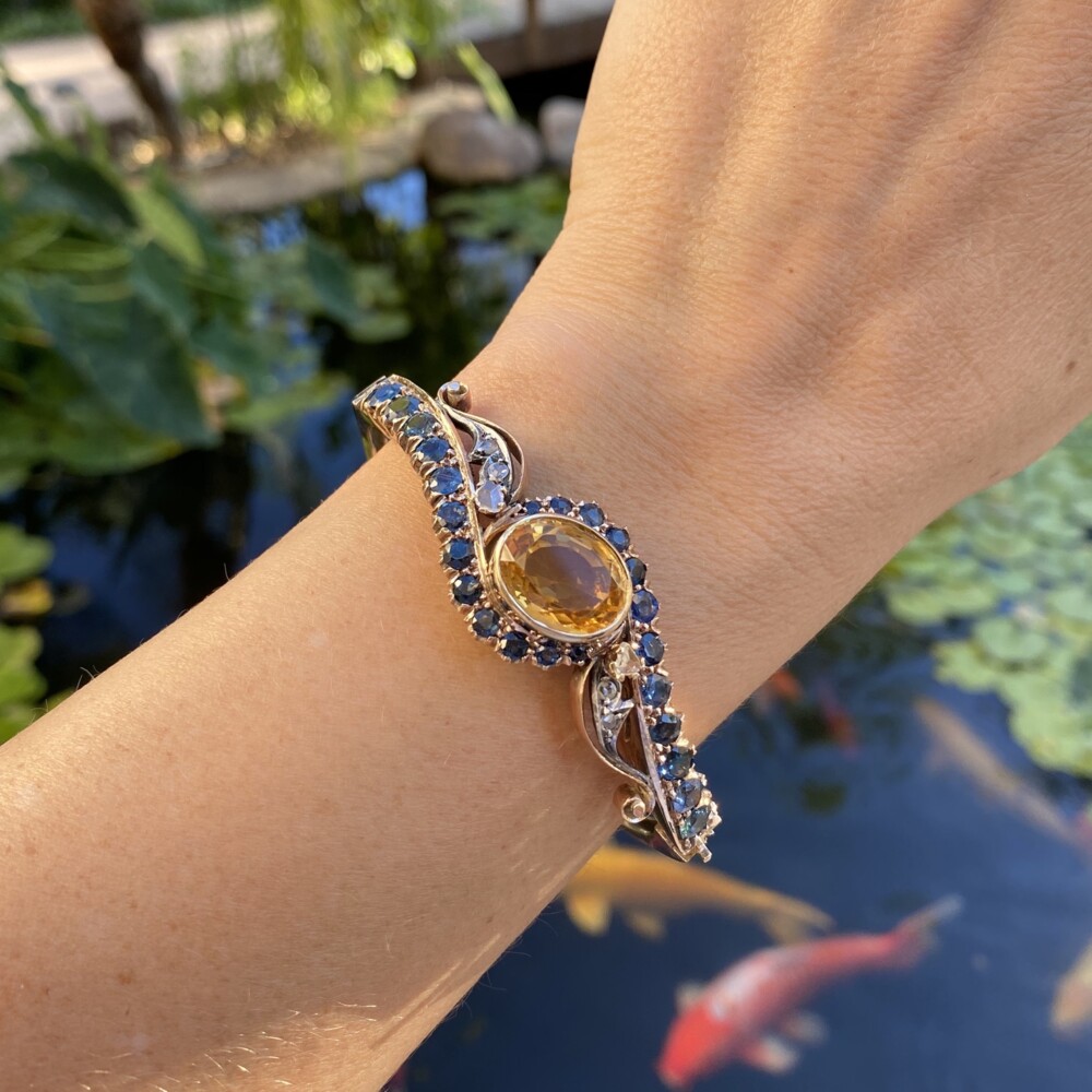 Image 2 for 15K Victorian Bangle Bracelet with Sapphires, Citrine & Diamonds 22.1g