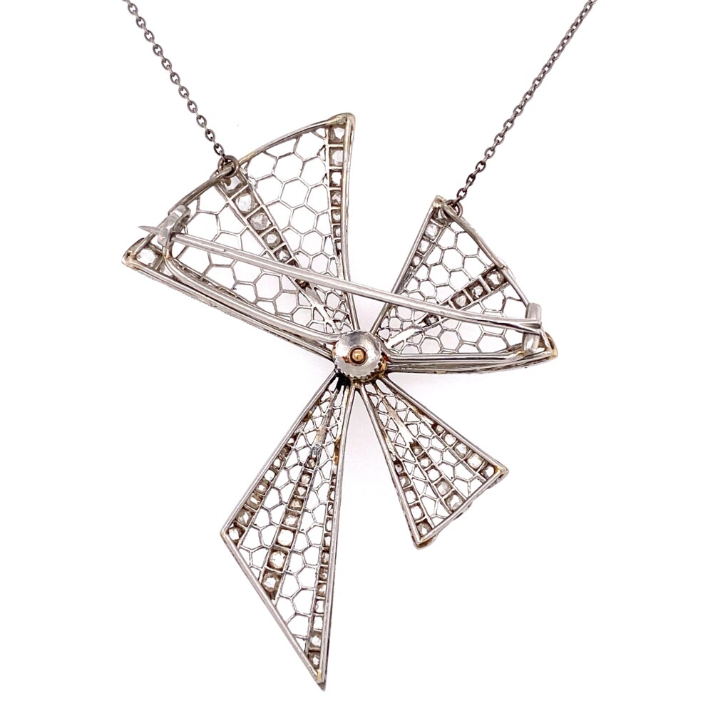 Image 2 for Platinum Art Deco Bow Brooch Necklace 1.00tcw Diamonds 10.2g, 17"
