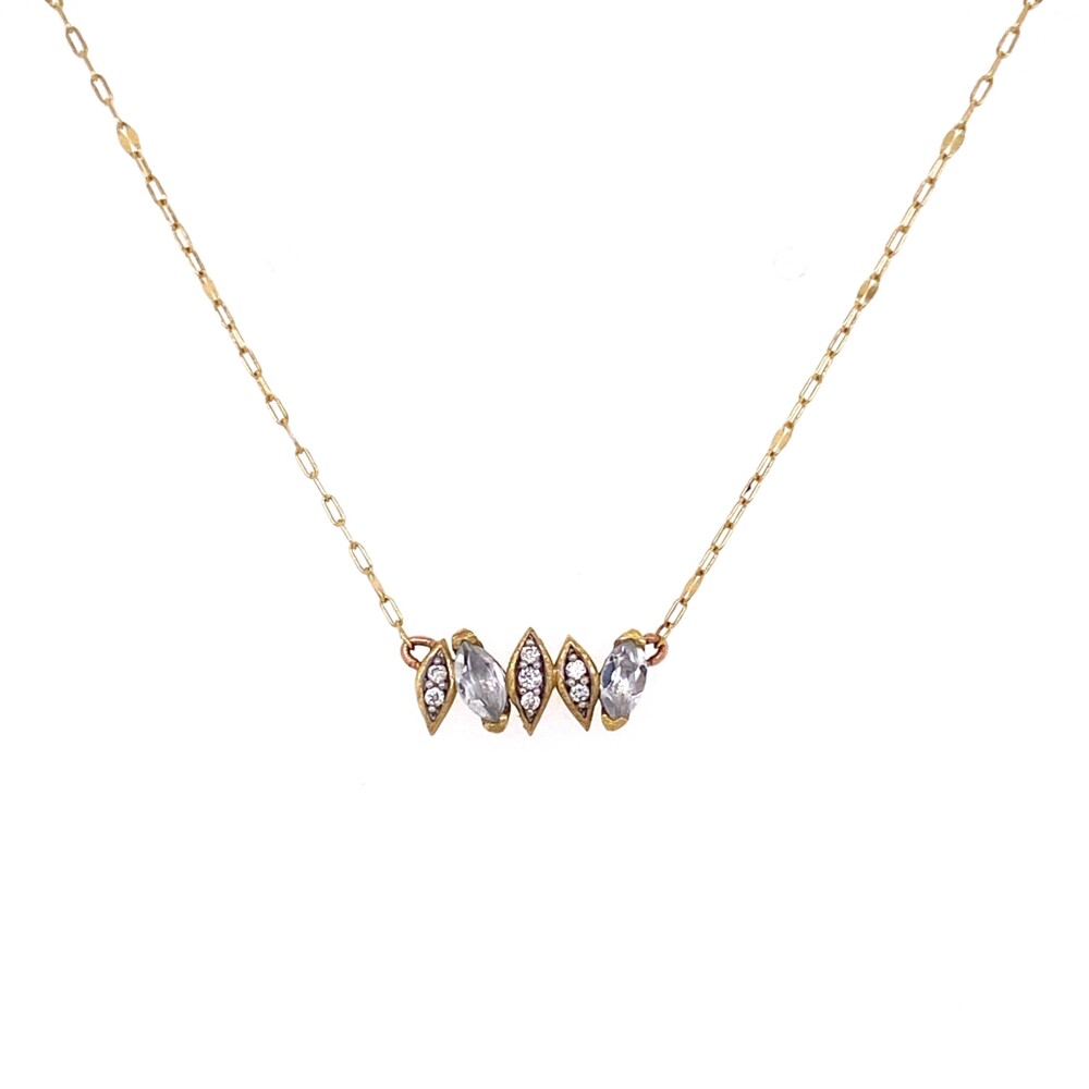 This simple, yet elegant necklace can be worn with anything making it a great self purchase or a gift! There are two marquis shape white topaz weighing approx. .11tcw & 7 round brilliant diamonds weighing .08tcw. 18K YG JudeFrances Simple White Topaz & Diamond Necklace 1.5g, 16"