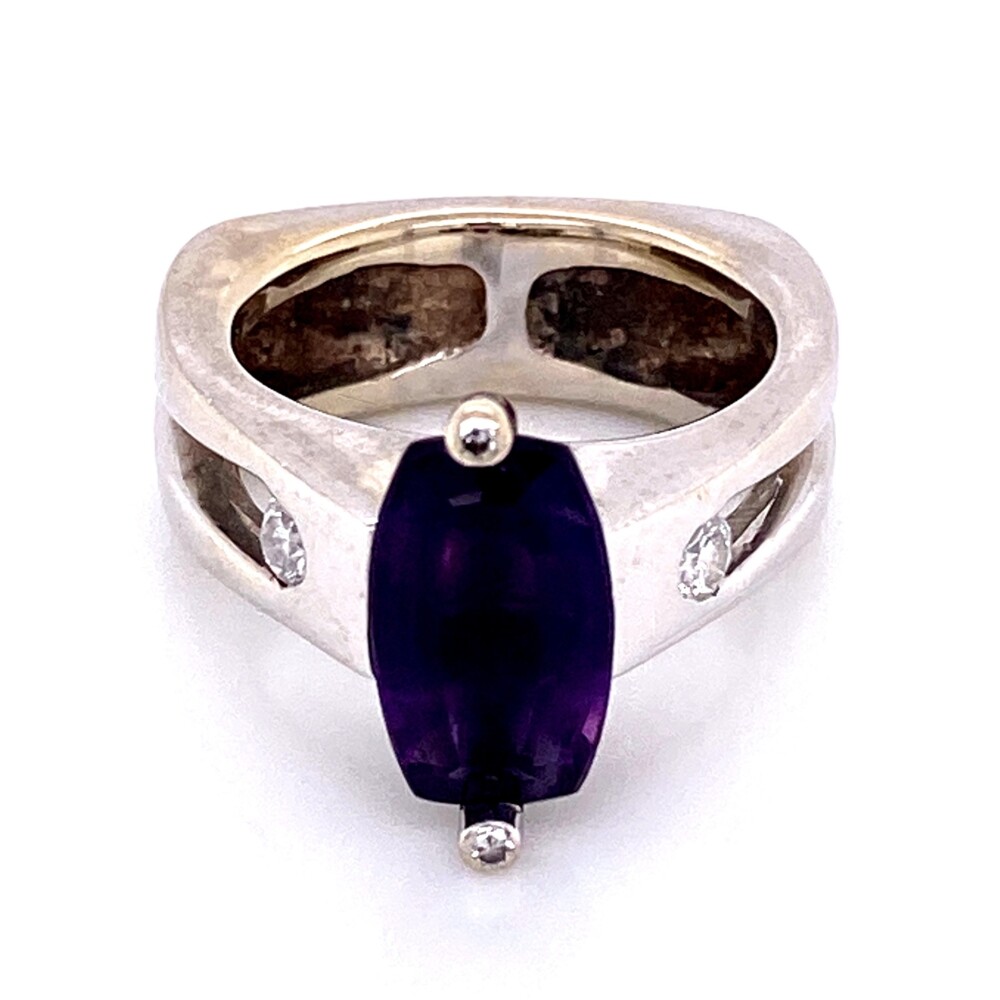 This is a custom made by the famous designer family Tiberio in Scottsdale, AZ. 14K WG TIBERIO Custom Ring with Step Cut Amethyst & Diamonds 10.7g, s5.75