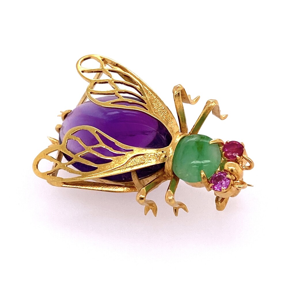 Image 2 for 14K YG 1960's Bug Brooch with Amethyst, Jade & Rubies