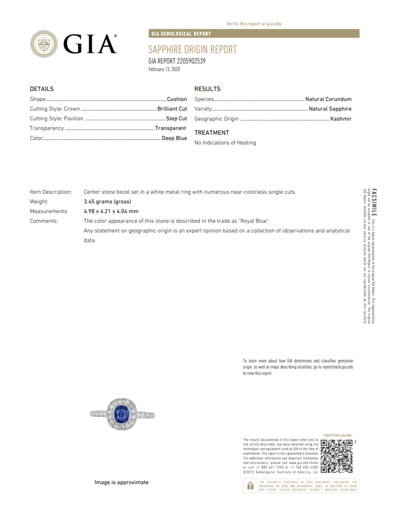 GIA #2205902539
Kashmir Sapphires are very rare and this is an original art deco ring with a special stone that has the GIA lab report to show it's provenance and has no indications of HEAT treatment. Don't miss this amazing piece!<div style="position: initial; margin: initial;"><span style="font-size: 16.8px; position: initial; margin: initial;"><a href="https://youtu.be/GwtzqNHXye0" title="https://youtu.be/GwtzqNHXye0" style="text-decoration: none;">https://youtu.be/GwtzqNHXye0</a></span><br style="position: initial; margin: initial;"></div> Platinum Art Deco .99ct NO HEAT Kashmir Sapphire GIA & .32tcw Diamond Ring, s6.5