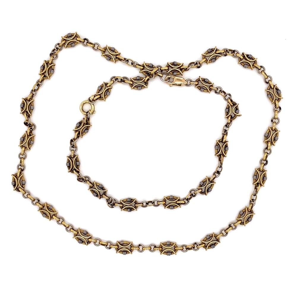 This is a fantastic handmade link chain xrf tested as 18K & Platinum, however the two jump rings are 14K.
23" total length
16" Necklace
7" Bracelet<div style="position: initial; margin: initial;"><span style="font-size: 16.8px; position: initial; margin: initial;"><a href="https://youtu.be/8ahPiQ6gpVM" title="https://youtu.be/8ahPiQ6gpVM" style="text-decoration: none;">https://youtu.be/8ahPiQ6gpVM</a></span><br style="position: initial; margin: initial;"></div> 18K & Platinum Fancy Link Chain Necklace & Bracelet 26.6g, 23"