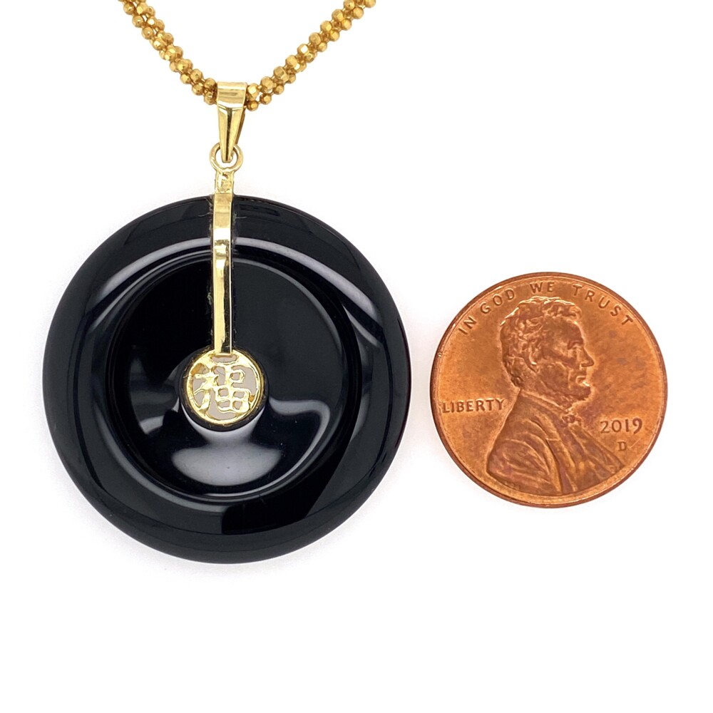 Image 2 for 14K YG Chinese Onyx Disc Pendant with 4 Strand Chain 12.1g, 17.5"