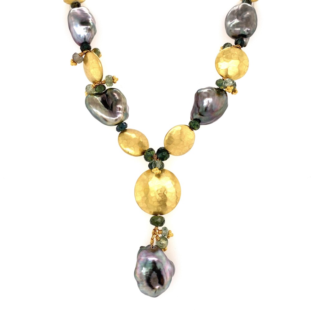 Custom Color designer, Laura Gibson, made this amazing necklace piece with faceted sapphire beads, granulation, hammered gold beads & free form tahitian pearls 18K YG Laura Gibson Black Pearl, Sapphire Necklace 26.6g, 16"