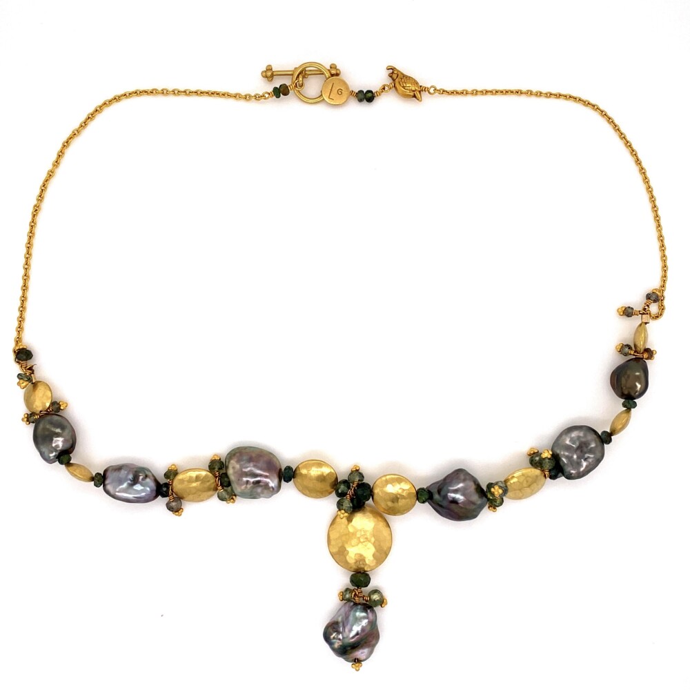 Image 2 for 18K YG Laura Gibson Black Pearl, Sapphire Necklace 26.6g, 16"