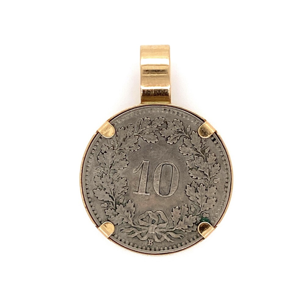 The coin is a 1964 Swiss 10 rappen: Just about all of Swiss 10 rappen coins are minted in copper nickel. Copper nickel coins are lighter in color, but the pattern is the same. "Confoederatio Helvetica*1964*" is on the front and "10" with a "B" Hallmark on the backside.<div style="position: initial; margin: initial;"><span style="font-size: 16.8px; position: initial; margin: initial;"><a href="https://youtu.be/VQ6MAAwbQkA" title="https://youtu.be/VQ6MAAwbQkA" style="text-decoration: none;">https://youtu.be/VQ6MAAwbQkA</a></span><br style="position: initial; margin: initial;"></div> 14K YG Bezel Coin Pendant 10 Swiss Rappen 4.3g