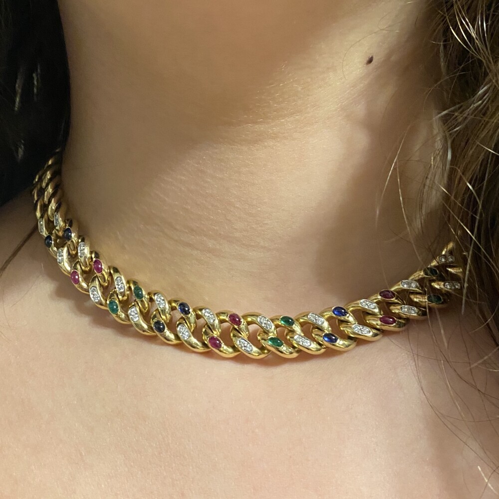 44 diamonds are approx. 1.1tcw<div style="position: initial; margin: initial;"><span style="font-size: 16.8px; position: initial; margin: initial;"><a href="https://youtu.be/kLDoLQcpK3Y" title="https://youtu.be/kLDoLQcpK3Y" style="text-decoration: none;">https://youtu.be/kLDoLQcpK3Y</a></span><br style="position: initial; margin: initial;"></div> 14K YG Curb Link Rubies, Emeralds, Sapphires & Diamonds 93.3g, 17"