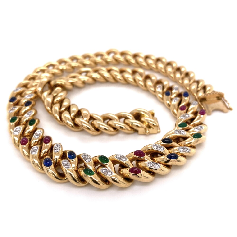 Image 2 for 14K YG Curb Link Rubies, Emeralds, Sapphires & Diamonds 93.3g, 17"