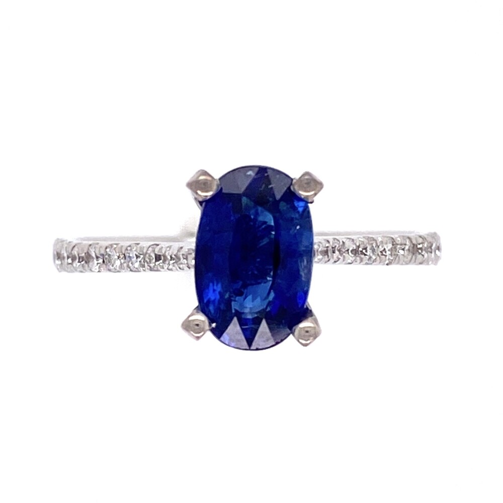 24 round brilliant diamonds are approx. .28tcw<div style="position: initial; margin: initial;"><span style="font-size: 16.8px; position: initial; margin: initial;"><a href="https://youtu.be/DB7xpuYHXkg" title="https://youtu.be/DB7xpuYHXkg" style="text-decoration: none;">https://youtu.be/DB7xpuYHXkg</a></span><br style="position: initial; margin: initial;"></div> 14K WG 1.62ct Oval Sapphire & Pave Diamond Ring 2.5g, s6.5