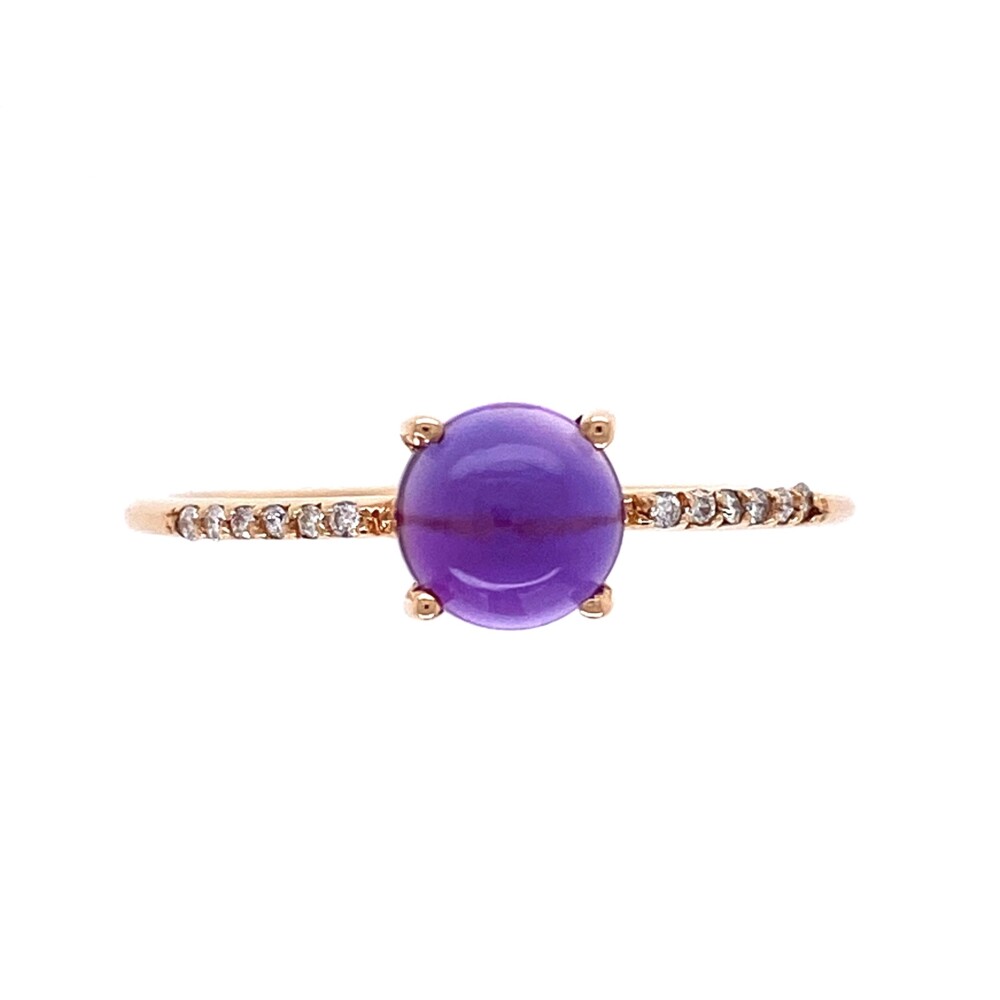 Made in Italy, Stamped 750, Retail $1295
In the 1960s when Ugo Calà was little more than a child, and in his spare time he helped his father in the barber shop next to the Ponte Vecchio bridge. That little barbershop was frequented by the best goldsmiths in the city who were realizing the most beautiful jewels for the most prestigious international brands. Going against his father’s will, the young Ugo became an apprentice of one of the most famous jewelers of the Ponte Vecchio. After years of apprenticeship, combining the secrets of the secular Florentine goldsmith’s art, with a fashion idea in step with the times, Ugo decides to create the company that in the years to come becomes an important reference in the world of jewelry: Ponte Vecchio Gioielli. 18K RG 1ct Cabochon Amethyst & .05tcw Diamond Ring 1.8g, s8