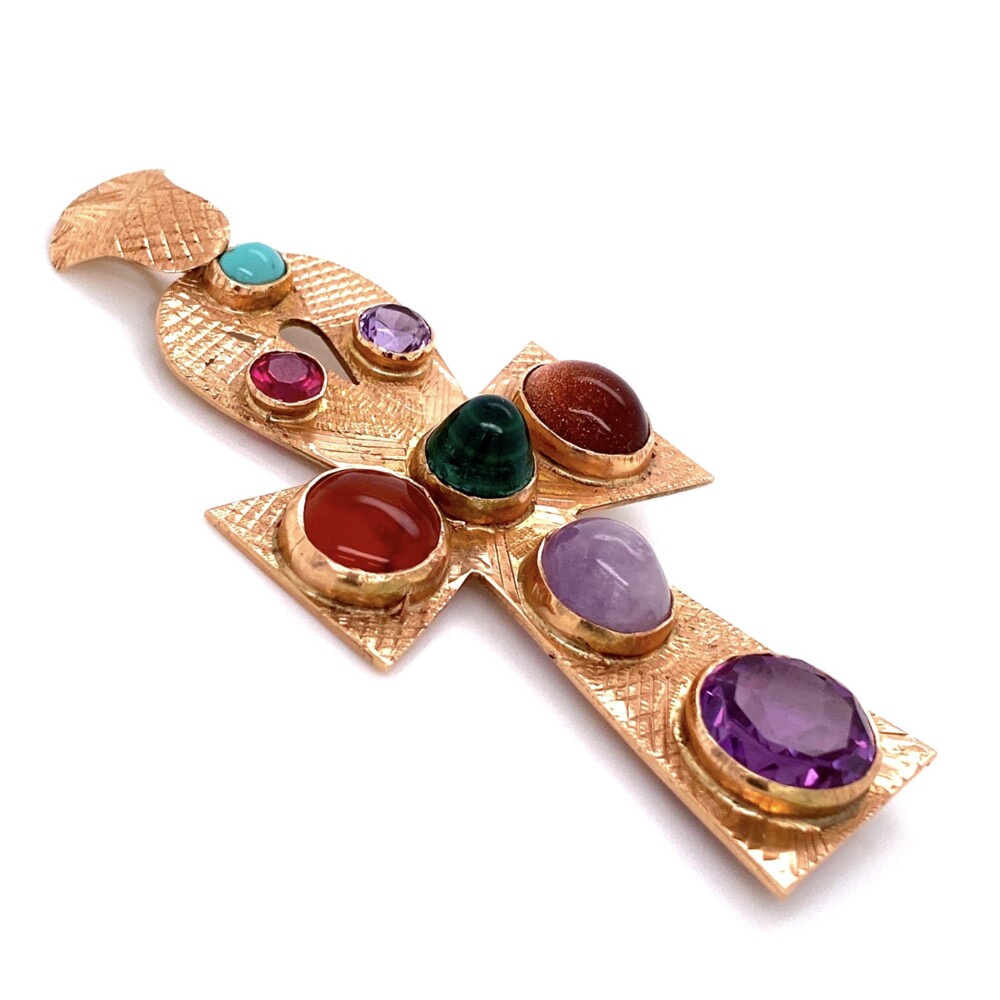 Turquoise, glass, amethyst, goldstone, sapphire and more!<div style="position: initial; margin: initial;"><span style="font-size: 16.8px; position: initial; margin: initial;"><a href="https://youtu.be/mkaN7ck6sTU" title="https://youtu.be/mkaN7ck6sTU" style="text-decoration: none;">https://youtu.be/mkaN7ck6sTU</a></span><br style="position: initial; margin: initial;"></div> 14K RG Multi Gemstone Ankh Pendant 11.3g, 2.85"