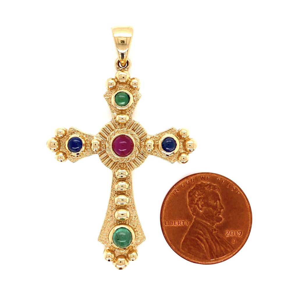Image 2 for 14K YG Ornate Tutti-Fruiti Cross with Ruby, Sapphires & Emeralds 6.8g, 2" Tall