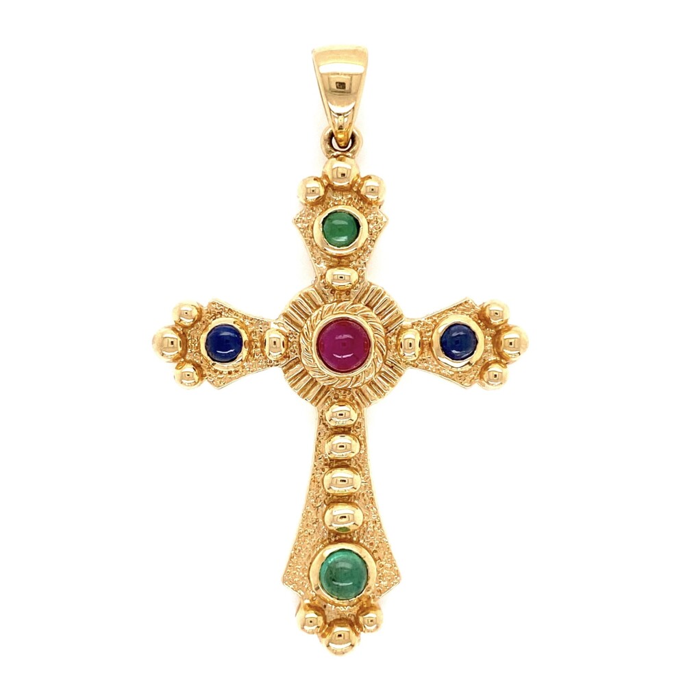 stamped "EA, 14K & Hong Kong"<div style="position: initial; margin: initial;"><span style="font-size: 16.8px; position: initial; margin: initial;"><a href="https://youtu.be/M4YV2AaX2OQ" title="https://youtu.be/M4YV2AaX2OQ" style="text-decoration: none;">https://youtu.be/M4YV2AaX2OQ</a></span><br style="position: initial; margin: initial;"></div> 14K YG Ornate Tutti-Fruiti Cross with Ruby, Sapphires & Emeralds 6.8g, 2" Tall