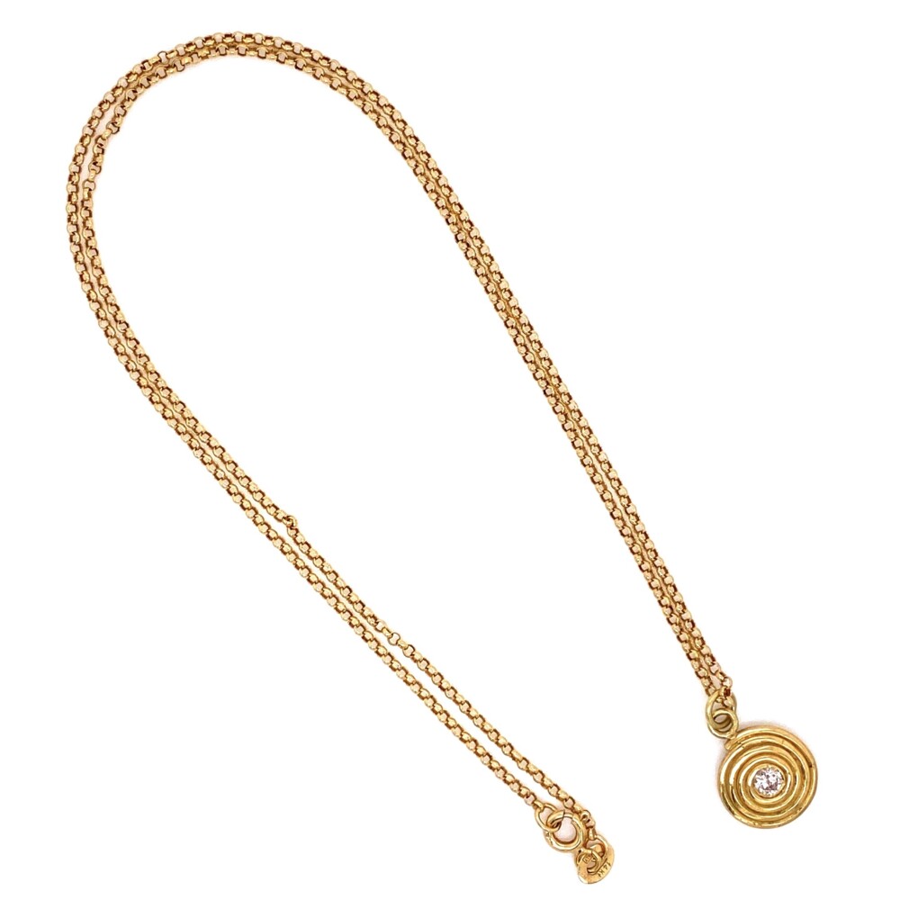 3mm round brilliant diamond is approx. .10ct and it bezel set with gold wire wrapped around in a swirl design! 14K YG Italian Swirl .10ct Diamond Pendant on Round Link Chain 4.3g, 18"
