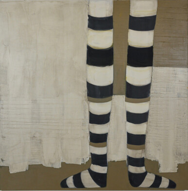 Artist Loren Yagoda dances her emotions onto canvas with this acrylic artwork that represents her fascination with stripes. Ballet Socks #23 depicts a pair of black, white and tan striped ballet socks against a background composition of white and tan. Ballet Socks #23