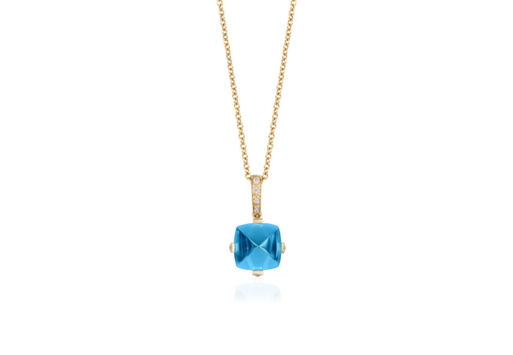This breathtakingly gorgeous 18K yellow gold pendant brought to you by Goshwara and designer Sweta Jain brings style and sophistication. It features 4.57 carat blue topaz and 0.10 carat diamonds. Sugarloaf Pave Blue Topaz Pendant