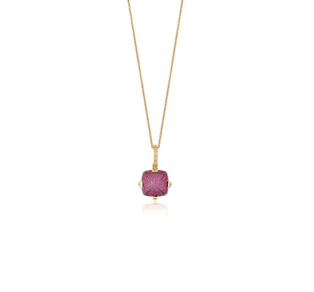 This breathtakingly gorgeous 18K yellow gold pendant brought to you by Goshwara and designer Sweta Jain brings style and sophistication. It features 0.52 carat ruby and 0.13 carat diamonds. Sugarloaf Pave Ruby Pendant