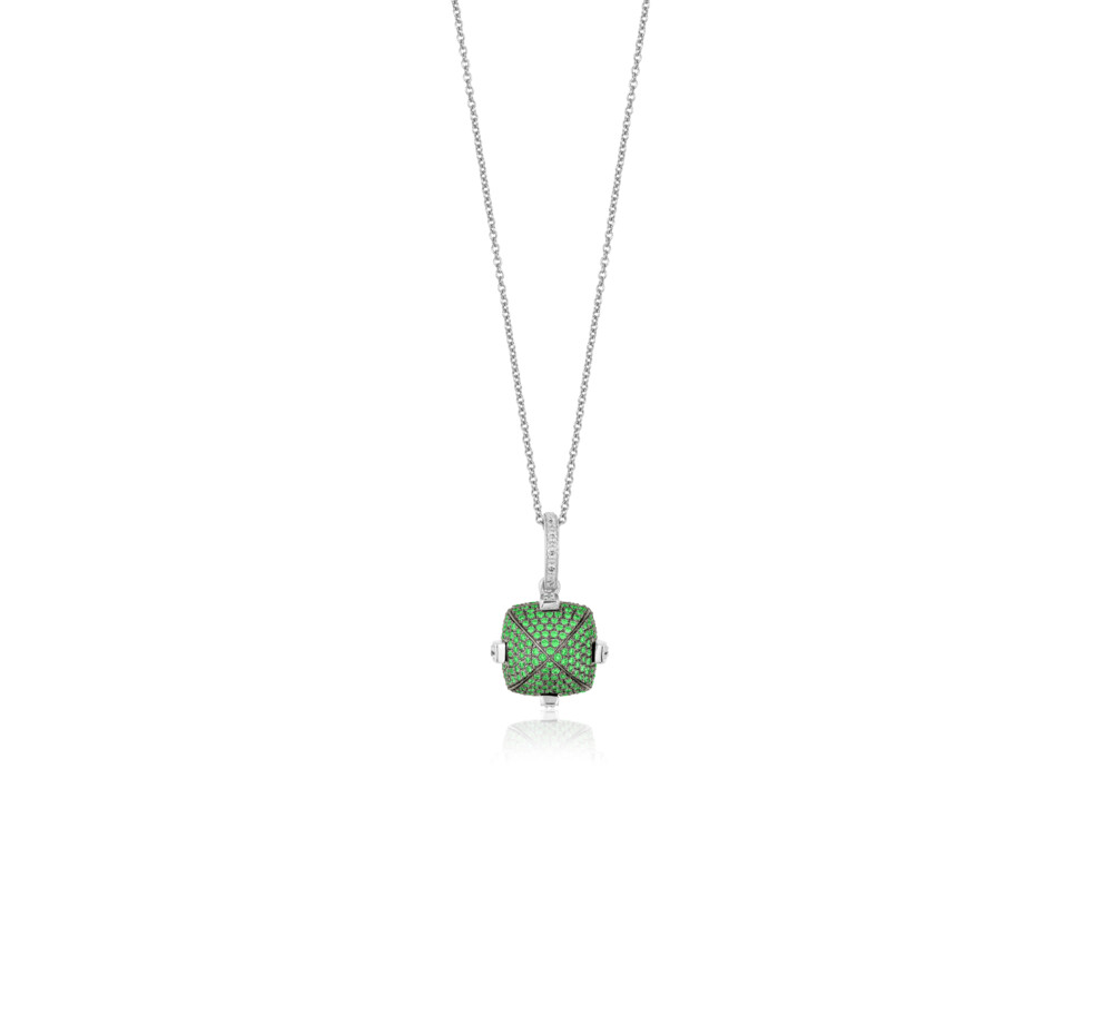 This breathtakingly gorgeous 18K white gold pendant brought to you by Goshwara and designer Sweta Jain brings style and sophistication. It features 0.40 carat tsavorite and 0.13 carat diamonds. Sugarloaf Pave Tsavorite Pendant