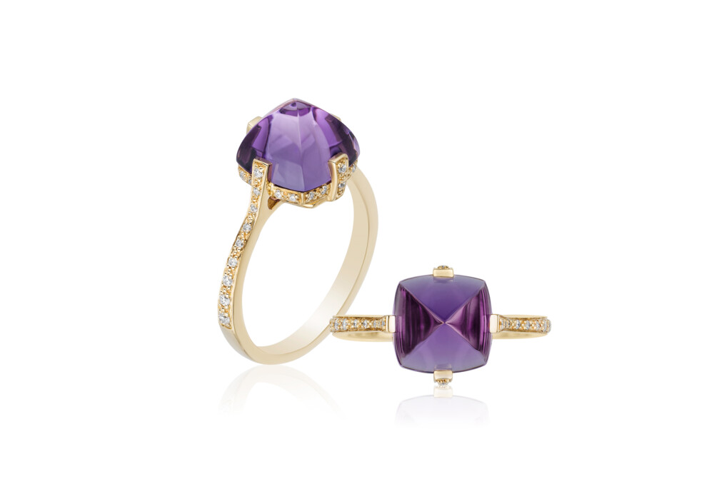 This breathtakingly gorgeous 18K yellow gold ring brought to you by Goshwara and designer Sweta Jain brings style and sophistication. It features 3.43 carat amethyst and 0.16 carat diamonds. Sugarloaf Pave Amethyst Ring