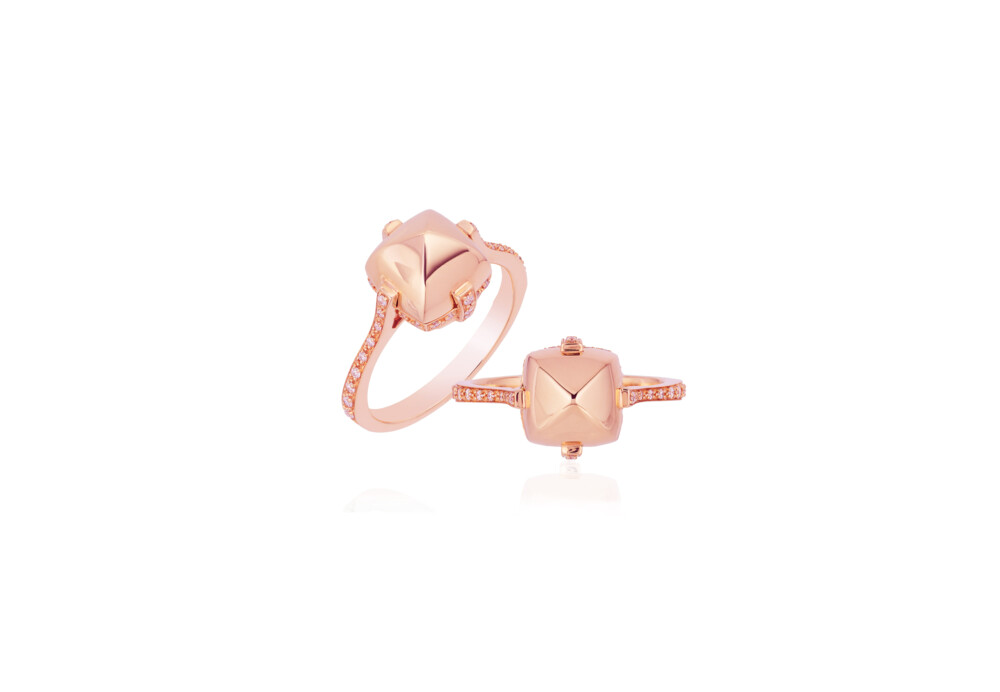This breathtakingly gorgeous 18K rose gold ring brought to you by Goshwara and designer Sweta Jain brings style and sophistication. It features 0.22 carat diamonds. Sugarloaf Pave Rose Gold Ring