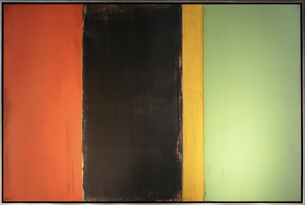 This framed piece of acrylic on wood panel wall art by David Rothermel adds accent to any room. Architect features orange, black, yellow and green color tones. Architect