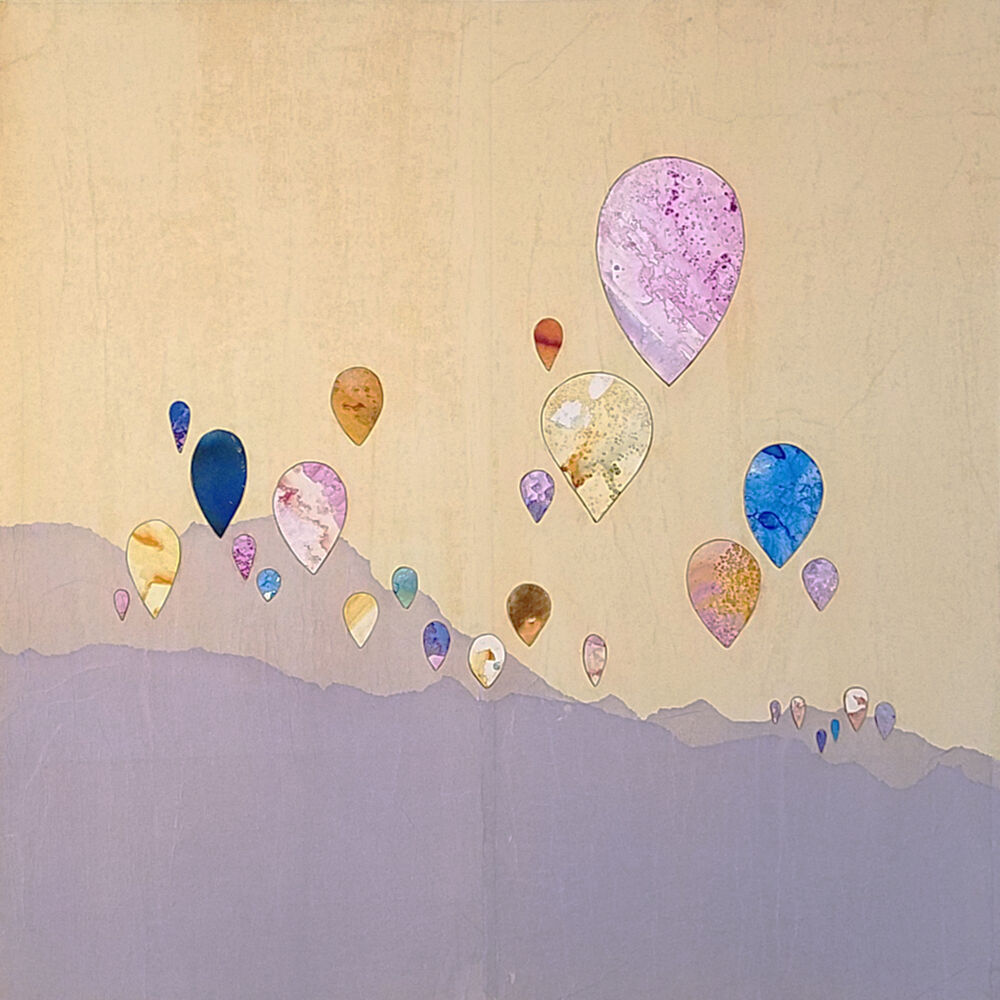 This mixed media on canvas wall art by Peter Kuttner is a lively and colorful piece with intoxicating texture and depth. Part of the artist’s Cut-Out series, Golden Hour resembles balloons flying high over a landscape. Golden Hour