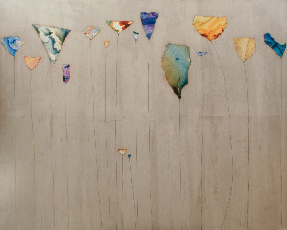 This mixed media on canvas wall art by Peter Kuttner is a lively and colorful piece with intoxicating texture and depth. Part of the artist’s Cut-Out series, Room to Grow resembles a collection of flourishing flowers. Room To Grow