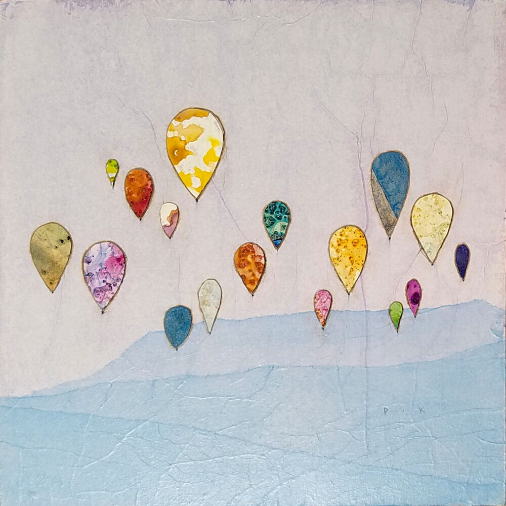 This mixed media on wood panel wall art by Peter Kuttner is a lively and colorful piece with intoxicating texture and depth. Part of the artist’s Cut-Out series, Fun Day resembles balloons flying high over a landscape. Glide