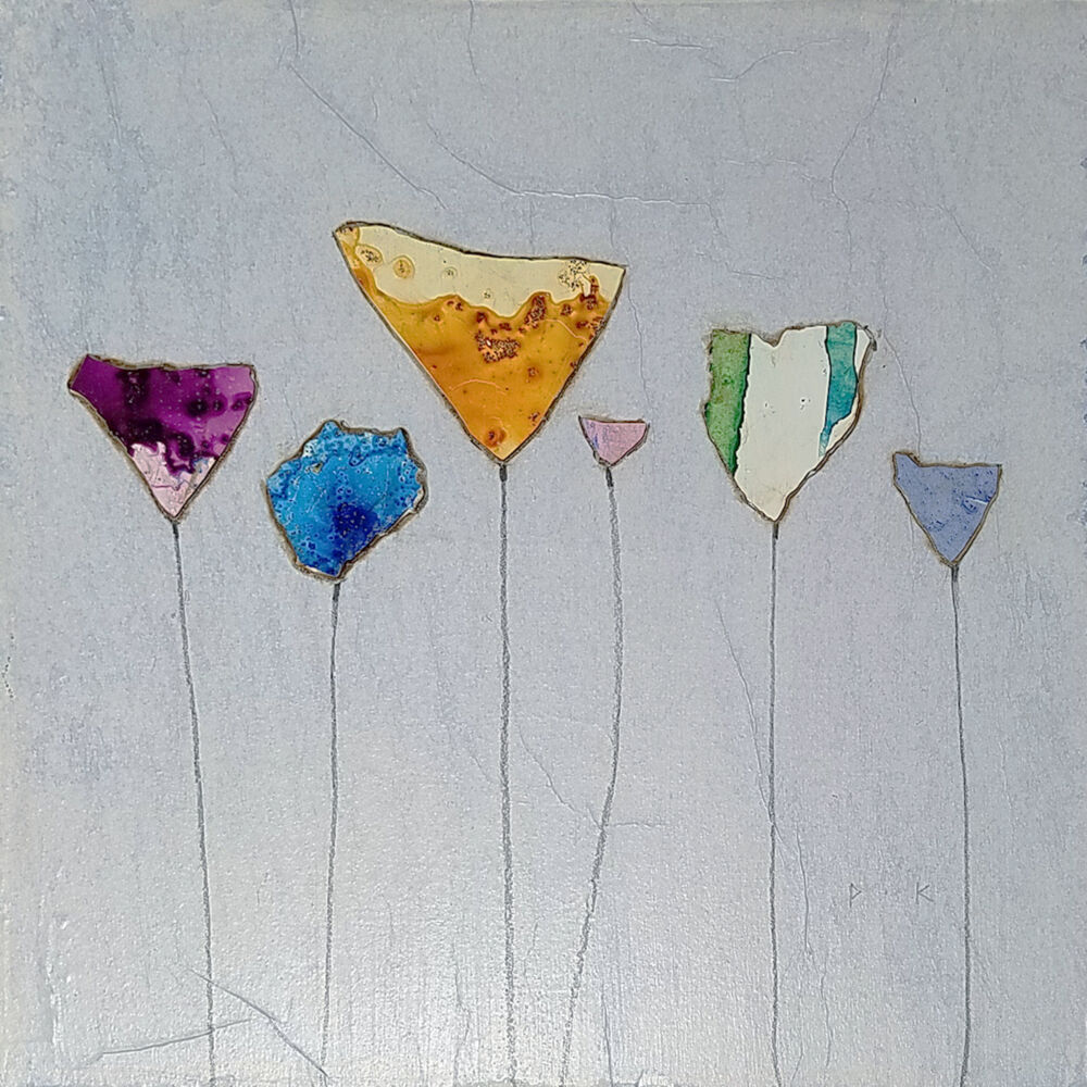 This mixed media on wood panel wall art by Peter Kuttner is a lively and colorful piece with intoxicating texture and depth. Part of the artist’s Cut-Out series, Go Long resembles a collection of flourishing flowers. Go Long