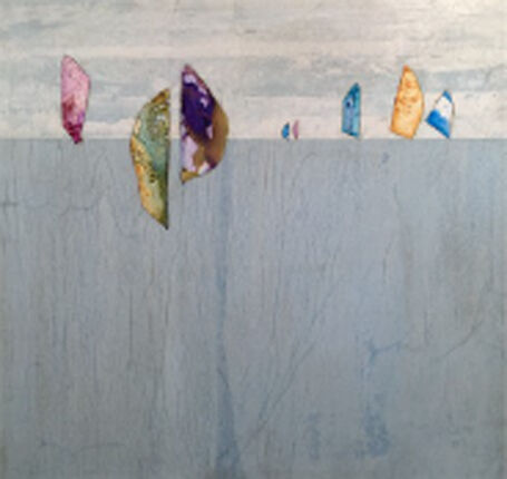 This mixed media on canvas wall art by Peter Kuttner is a lively and colorful piece with intoxicating texture and depth. Part of the artist’s Cut-Out series, Going Coastal II resembles sails on a body of water. Going Coastal II