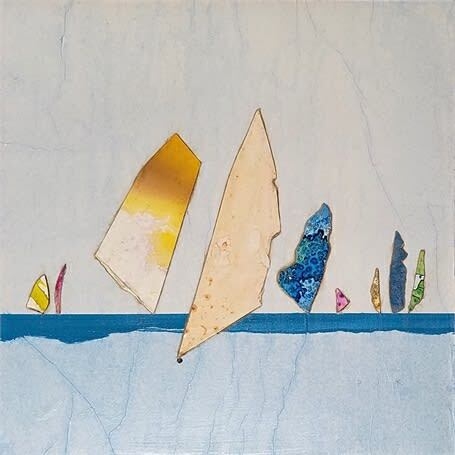 This mixed media on wood panel wall art by Peter Kuttner is a lively and colorful piece with intoxicating texture and depth. Part of the artist’s Cut-Out series, Material World resembles sails on a body of water. Material World