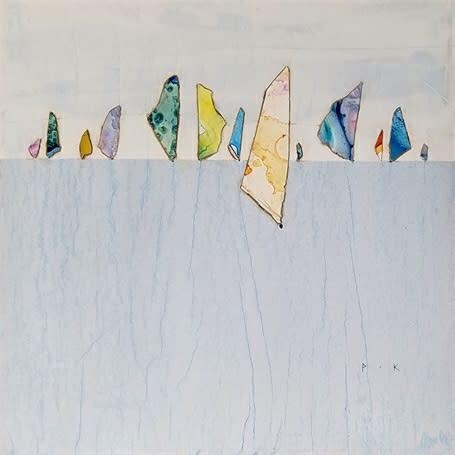This mixed media on wood panel wall art by Peter Kuttner is a lively and colorful piece with intoxicating texture and depth. Part of the artist’s Cut-Out series, Mingle resembles sails on a body of water. Mingle