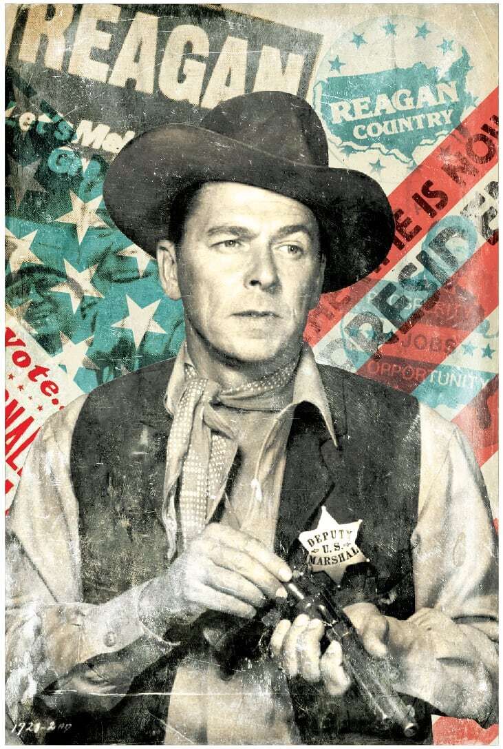 This mixed media wall art by Ken Peters is imbued with metaphor and whimsy. An evocative montage of Golden Age Americana, Reagan Country captures a warmly nostalgic and compellingly fresh visual narrative on pine board. Reagan Country