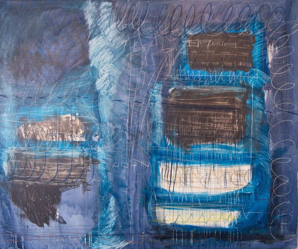 This contemporary abstract mixed media acrylic on canvas wall art by Sam Pratt can be felt as much as it can be seen. Gifted with Synesthesia, the artist used her inward “hearing” of art to create Blue. Blue