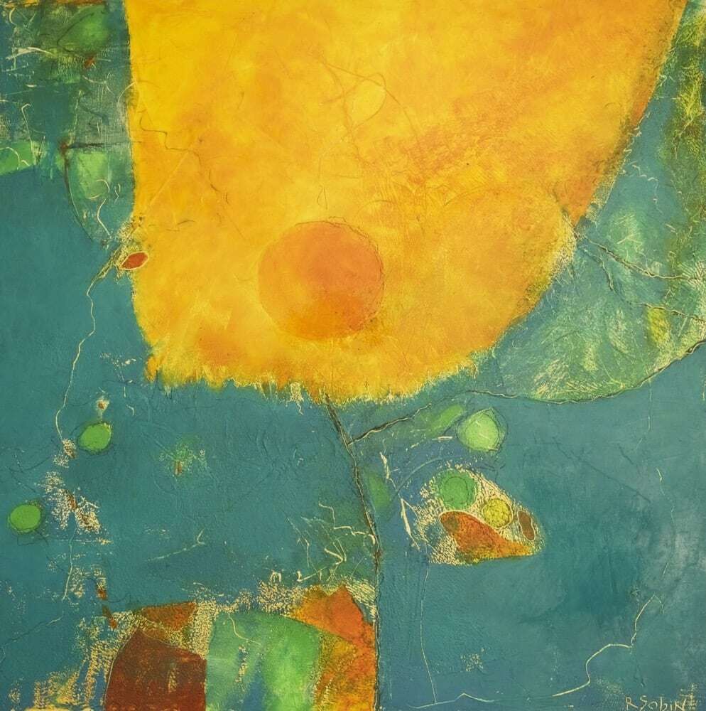This gorgeous wall art by Rebecca Sobin is comprised of oil, cold wax and pigment on cradled panel. Photosynthesis is an abstract piece derived from the artist's internal landscape. Photosynthesis