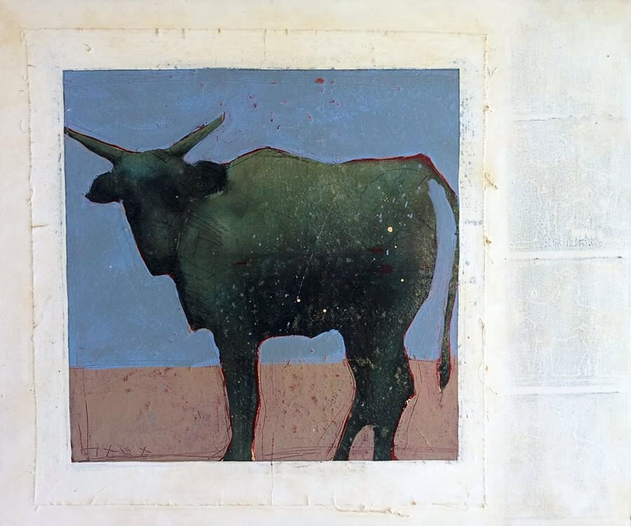 This acrylic on canvas wall art by Michael Swearngin marries the artist's abstract style with his lifelong knowledge of livestock. Wild Steer I features the image of a steer against a stark background. Wild Steer I