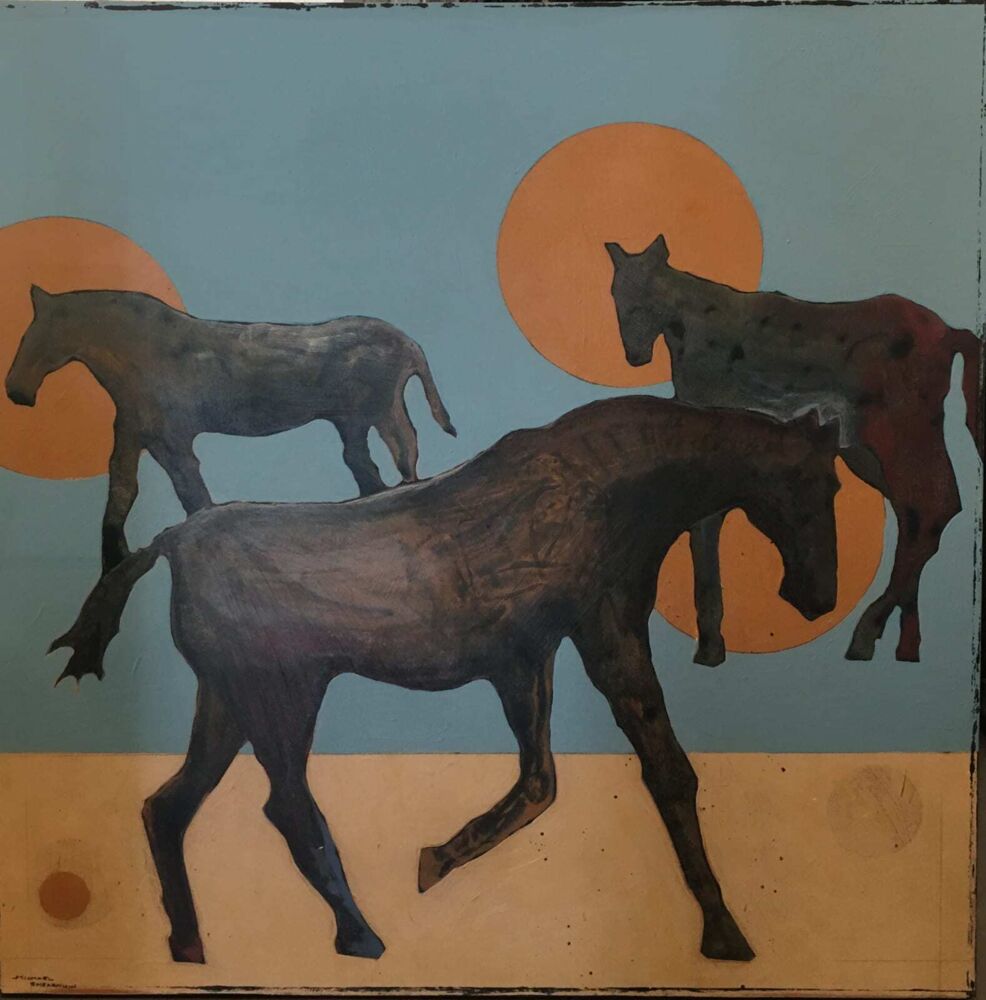 This acrylic on canvas wall art by Michael Swearngin marries the artist's abstract style with his lifelong knowledge of livestock. Horse Play III features images of horses against a stark background. Horse Play III