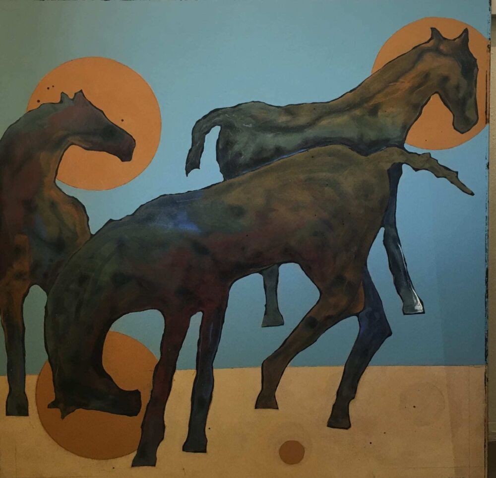 This acrylic on canvas wall art by Michael Swearngin marries the artist's abstract style with his lifelong knowledge of livestock. Horse Play I features images of horses against a stark background. Horse Play I